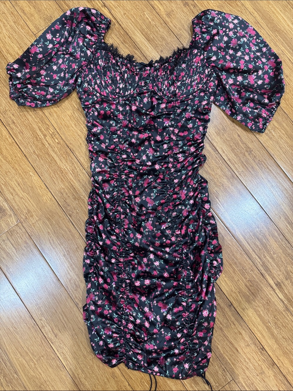 For love and lemons Black Floral Ruched Puff-Sleeve Dress
